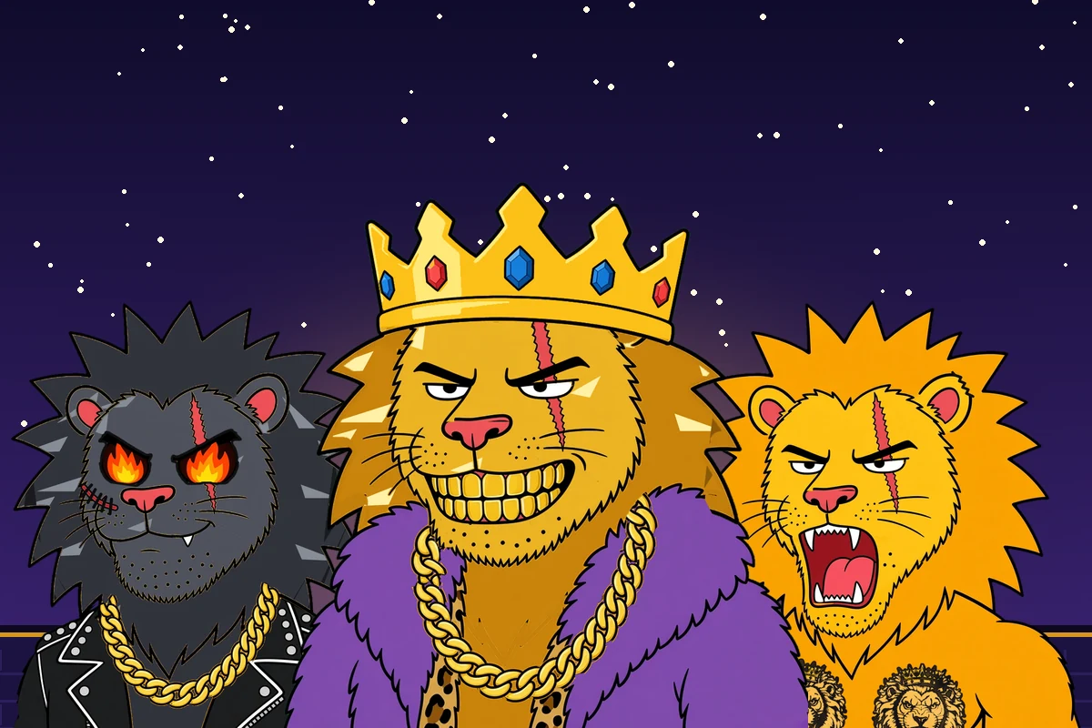 Three Alpha Cats lions: a black lion with fire eyes, a golden king lion with a crown and a roaring orange lion