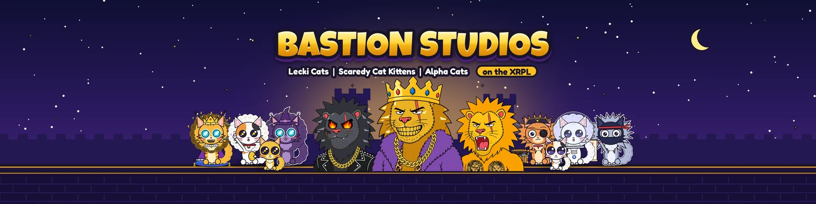 The Bastion Studios cats and lions lined up on a castle wall under a starry night sky
