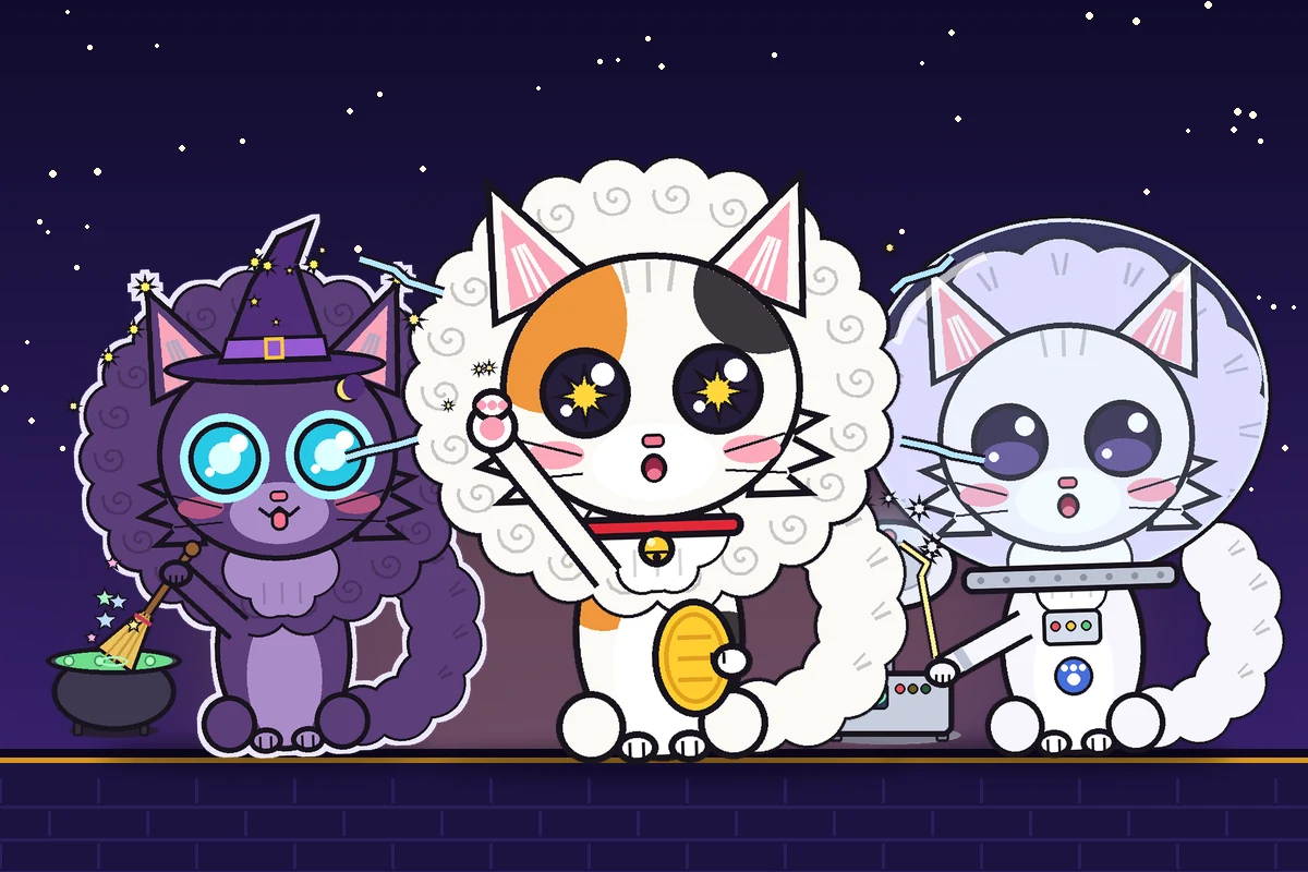 Three Lecki Cats: a witch cat, a lucky cat waving and an astronaut cat